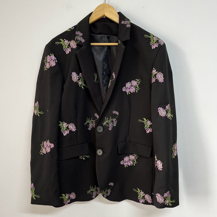 Floral Embroidery Black Blazer