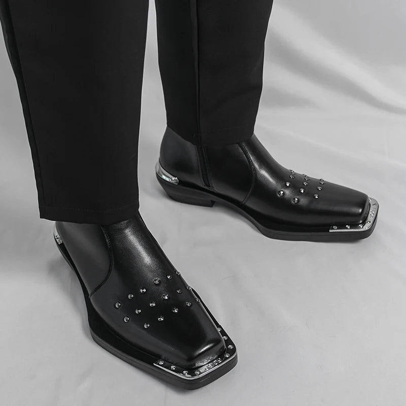 Patchwork Rivet PU Square Tip Boots