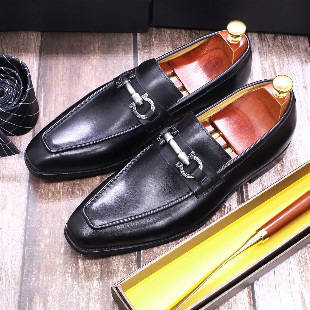Black Color Leather Metal Appliques Loafers