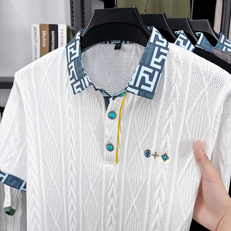 Geometric Collar Cable Knit Polo Shirt