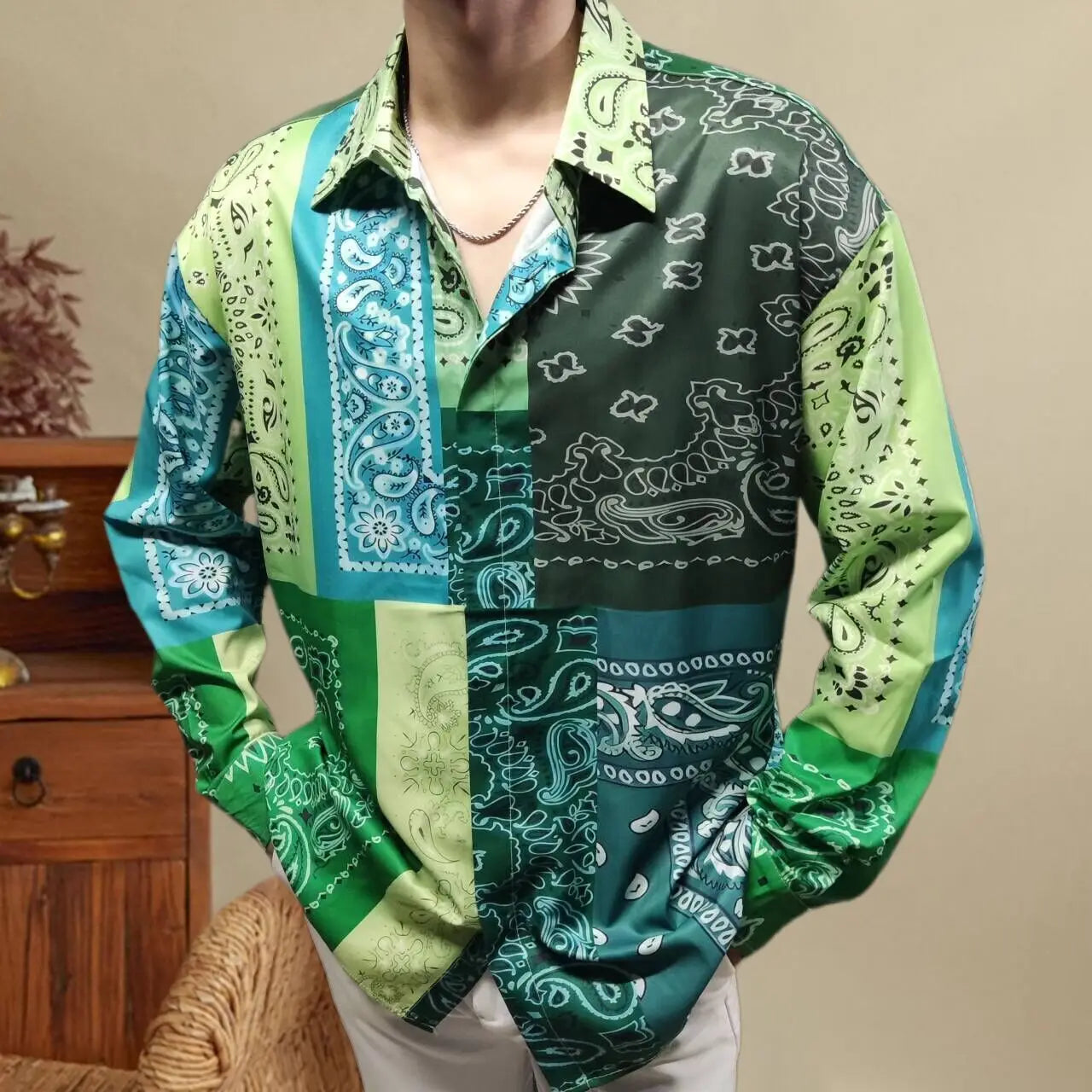 Hip-Hop Green Paisley Print Shirt