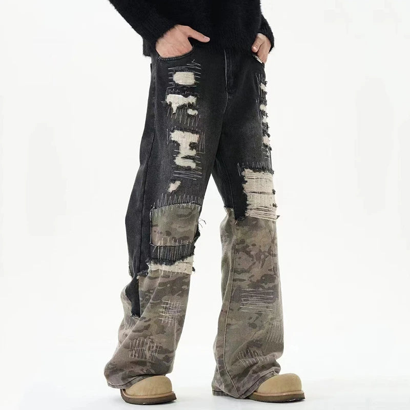 Patchwork Camouflage Worn-Out Straight Jeans