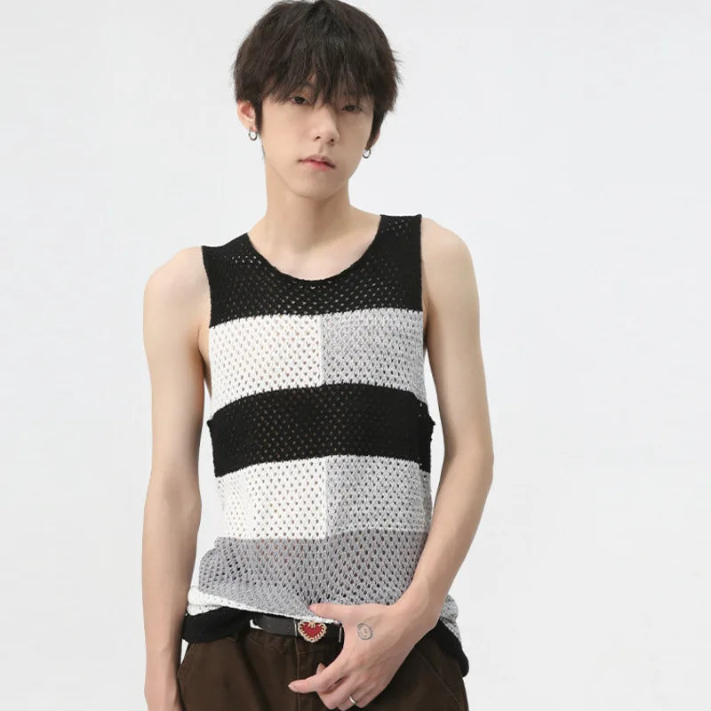 Color Block Knitted Hollow-Out Tank Top