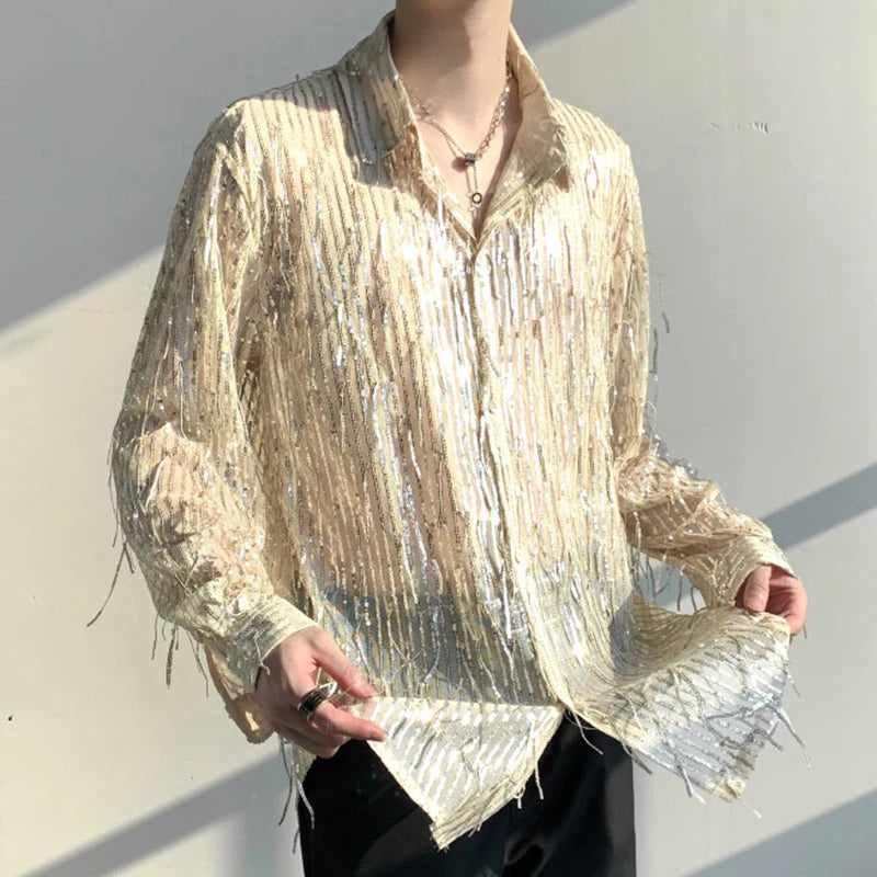 Tassel Sequins Lapel Thin Loose Shirt