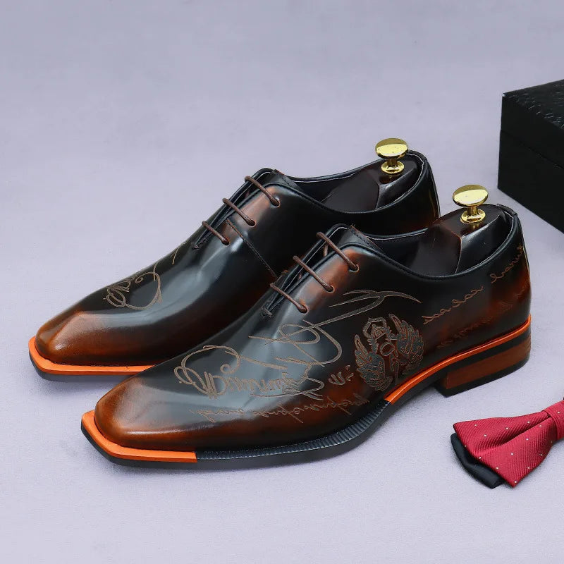 Handmade Engraving Black Genuine Leather Shoes