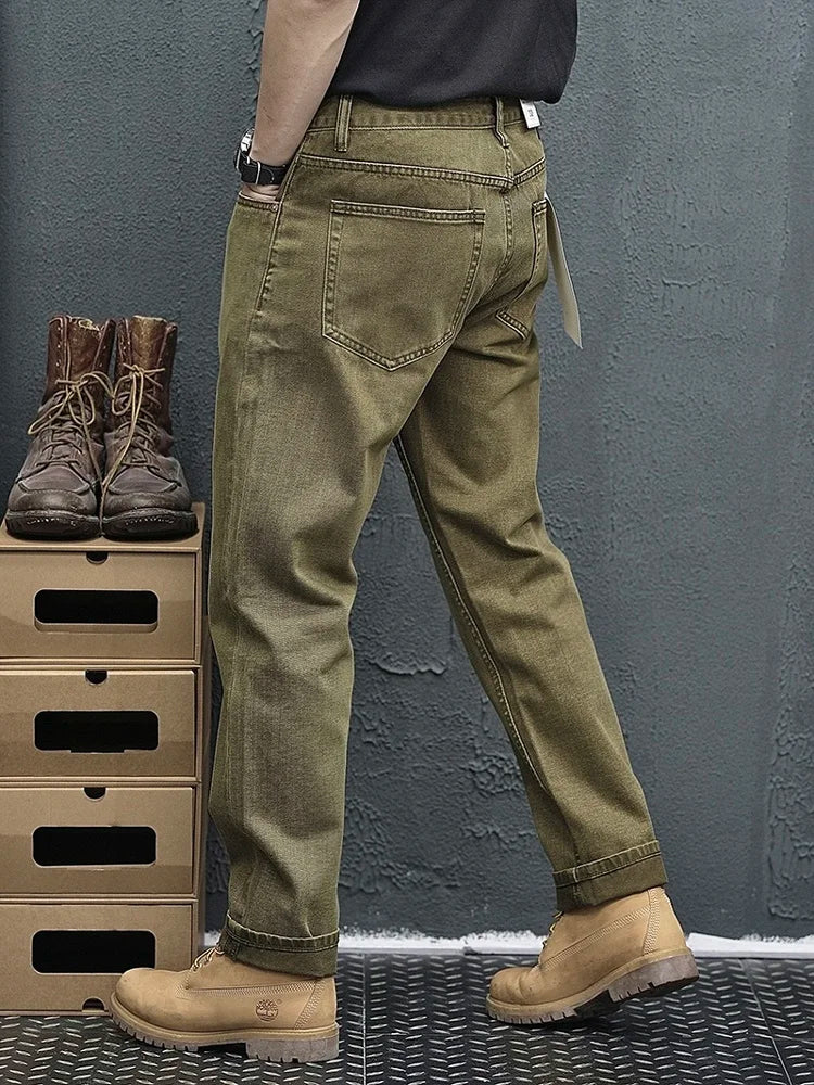 Retro Green Army Straight Denim Jeans