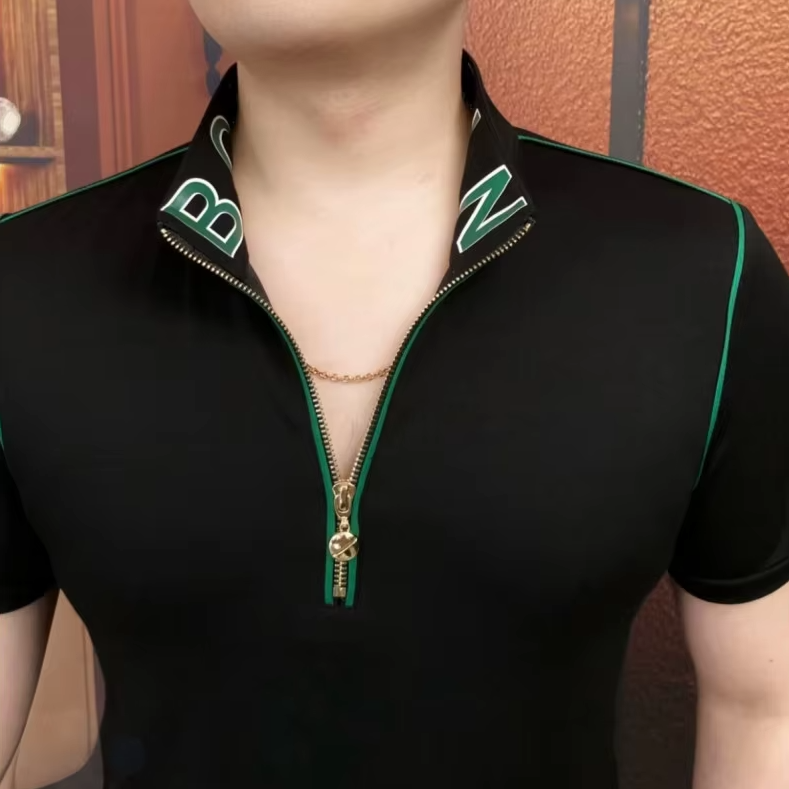 Black Collar Embroidered Zipper Polo Shirt