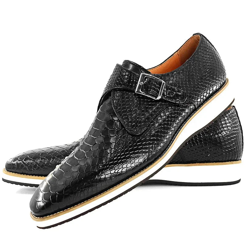 Black Snake Print Buckle Strap Monk Shoes