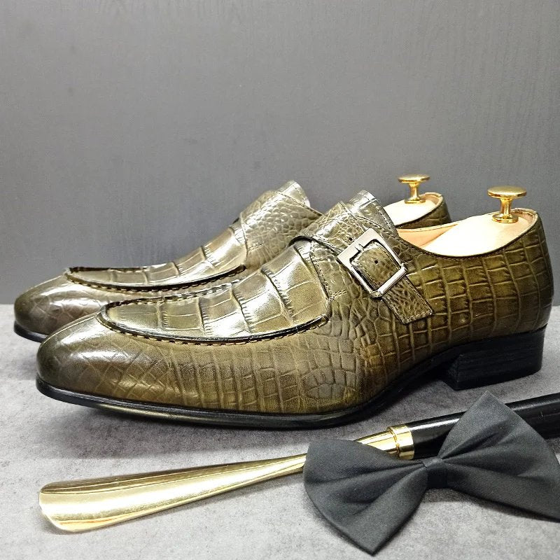 Green Buckle Strap Genuine Leather Loafers