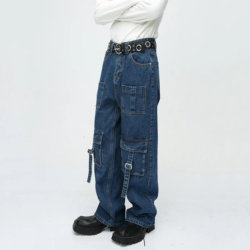 Pockets Belt Blue Denim Straight Jeans