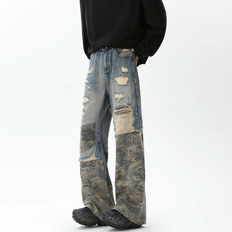 Ripped Camouflage Patchwork Denim Jeans