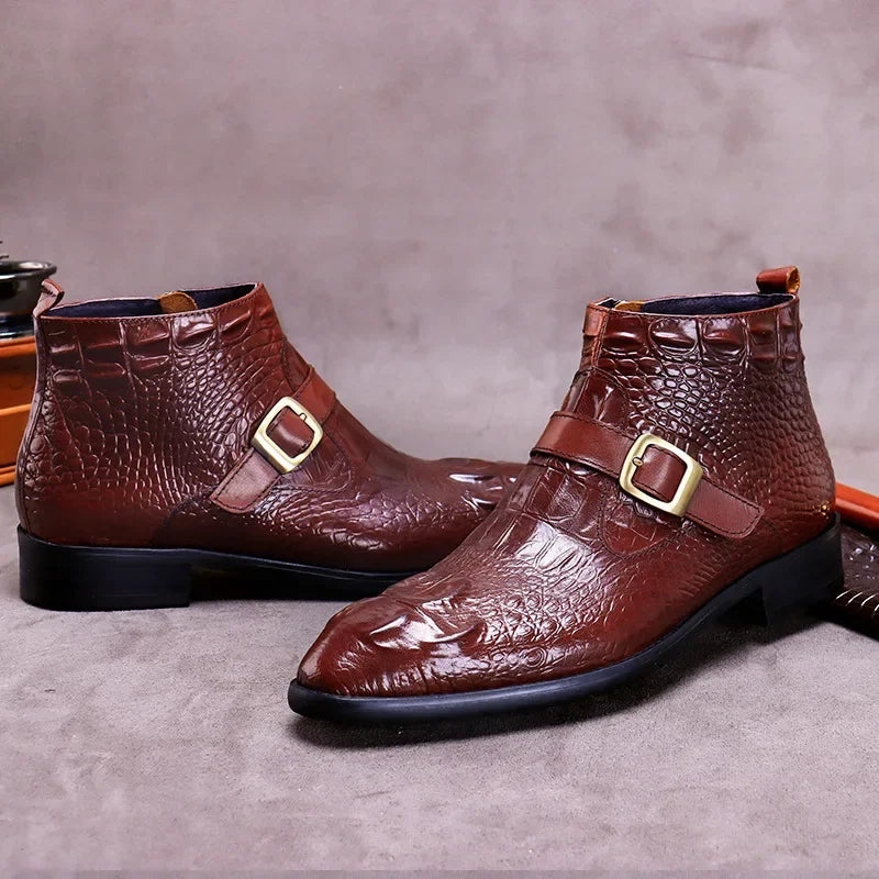 Vintage Croc Pattern Monk Strap Boots