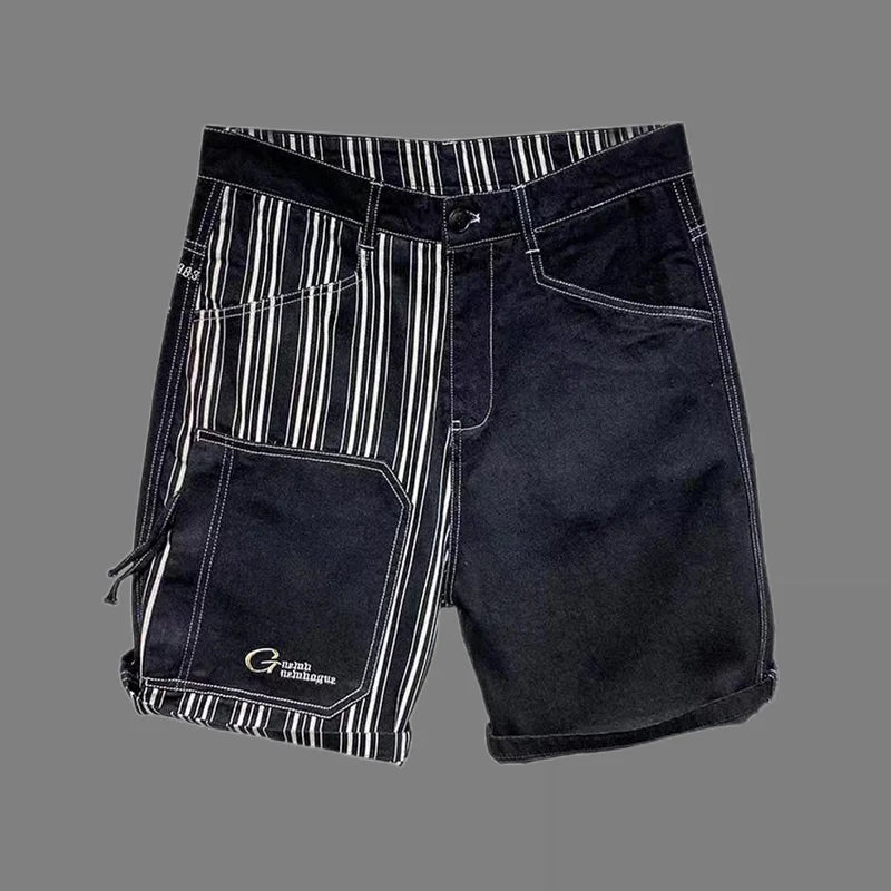 Black Striped Patchwork Denim Shorts