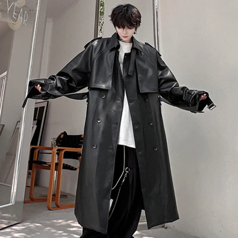 Double Breasted with Belt PU Leather Coat