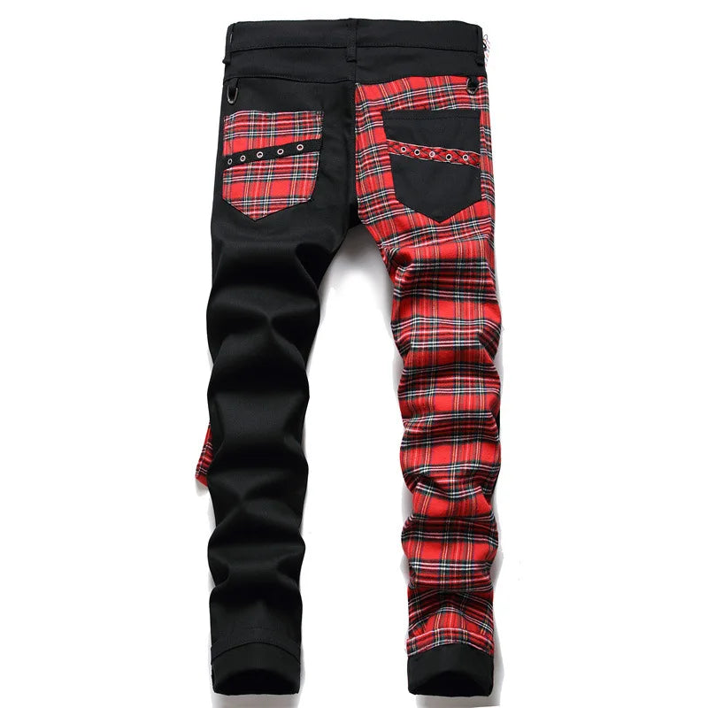 Red Plaid Patchwork Punk Zipper Jeans