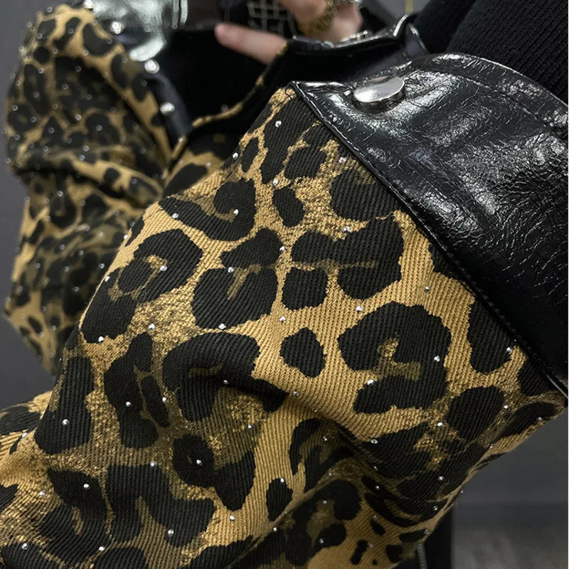 Leopard Rhinestone Spliced Leather Jacket