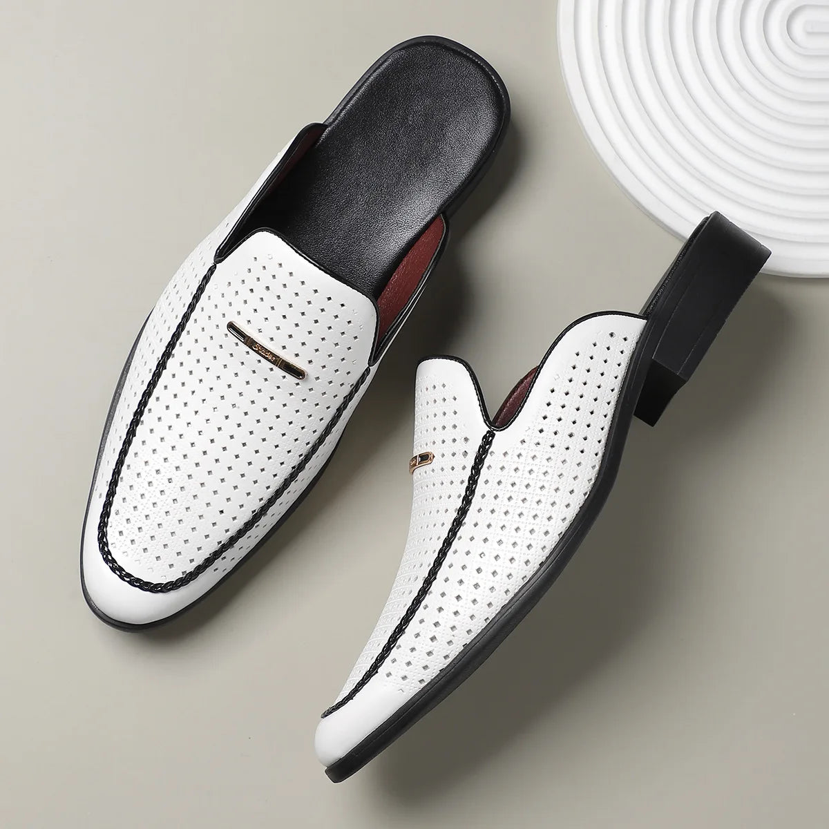 Breathable Perforated Leather Mules Shoes