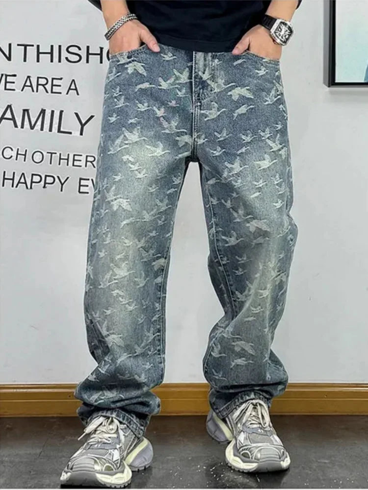 Urban Bird Print Loose-Fit Jeans