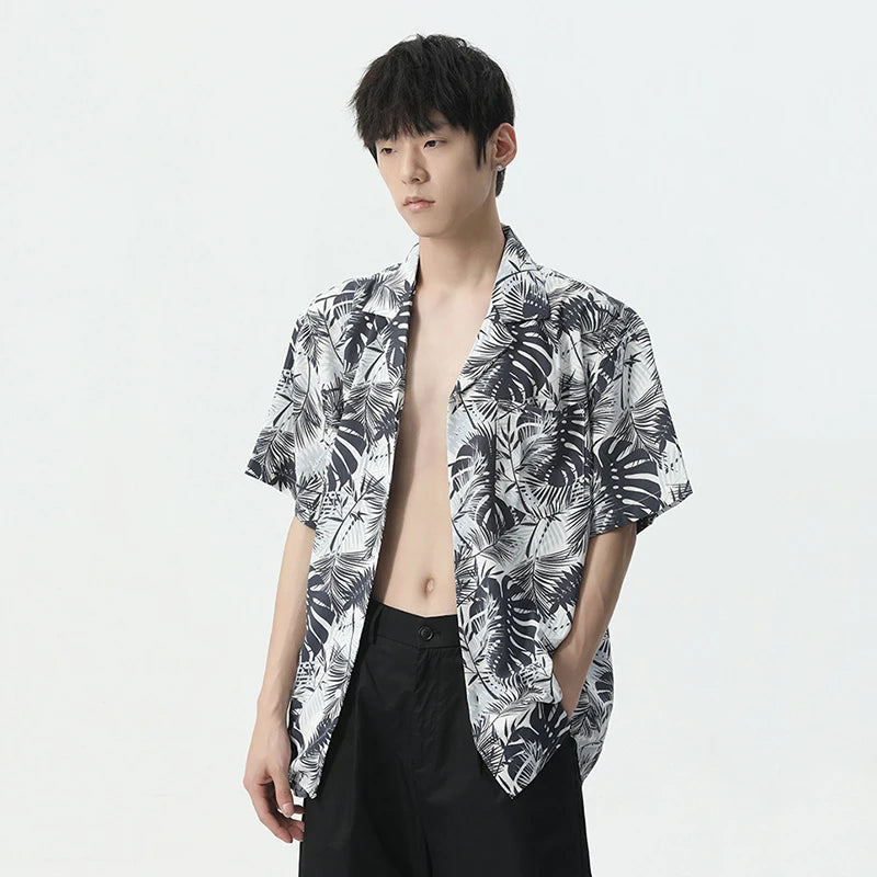 Leaf Printing Turn-down Collar Shirt