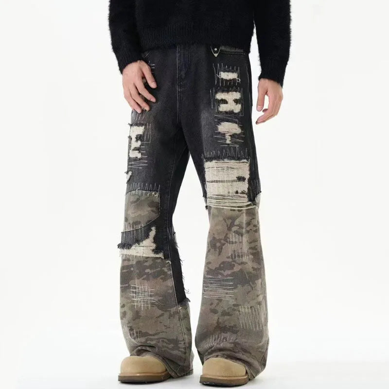 Patchwork Camouflage Worn-Out Straight Jeans