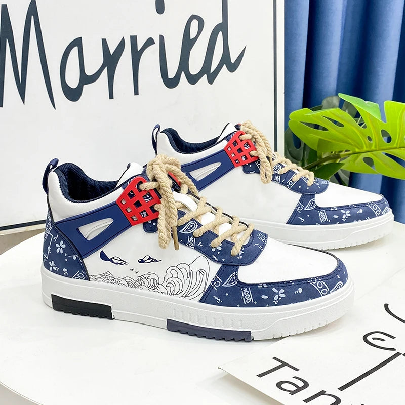 Geometric-Printed PU Leather Sneakers