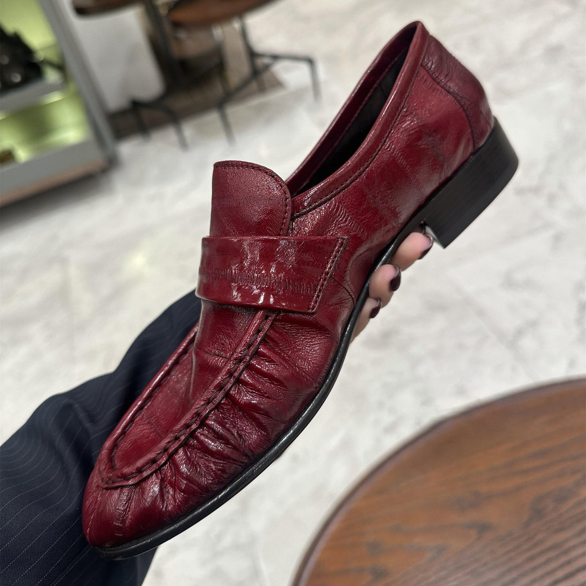 Burgundy Red Ruched Leather Loafers