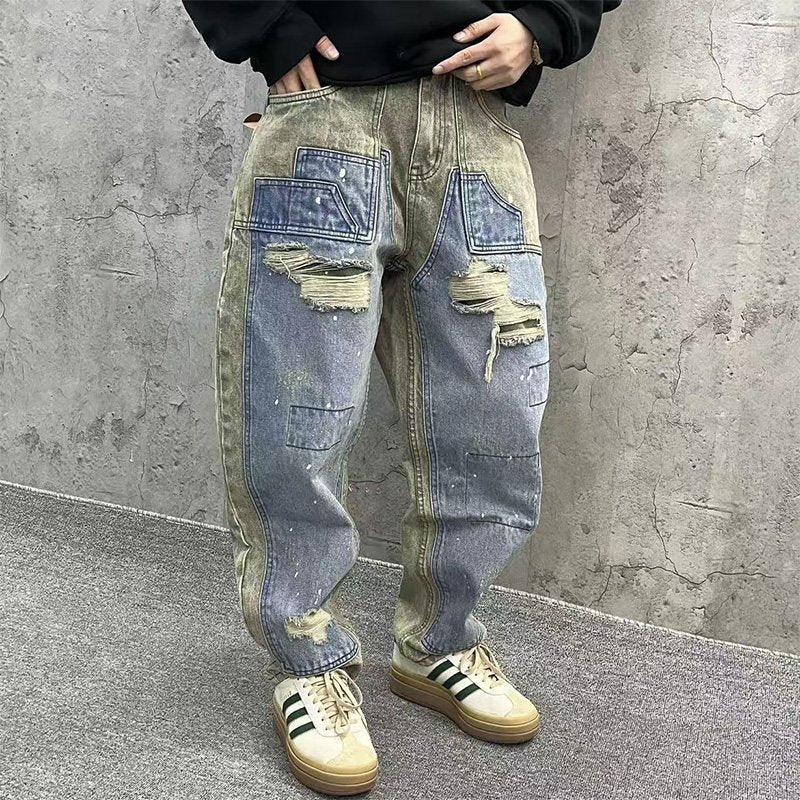 Stonewashed Casual Patchwork Cargo Jeans