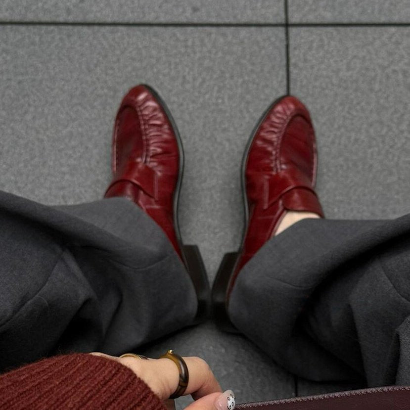 Burgundy Red Ruched Leather Loafers