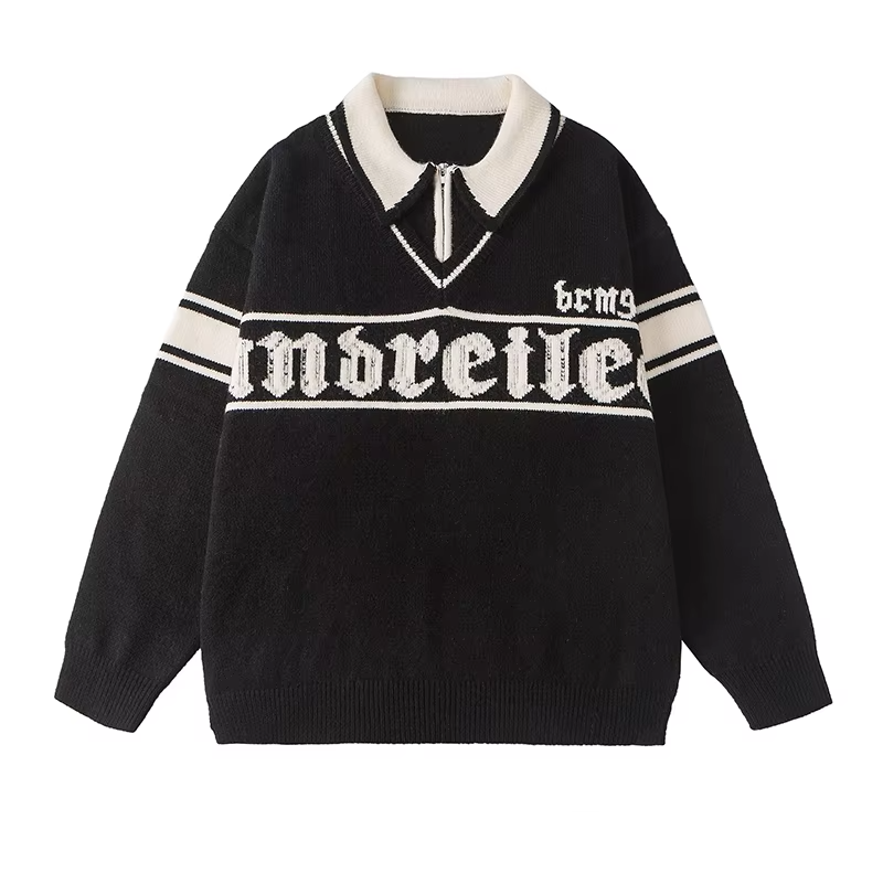 Stripe Letter Contrast Zipper Sweater