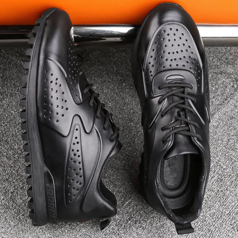 Genuine Leather Black Hollow Out Breathable Sneakers