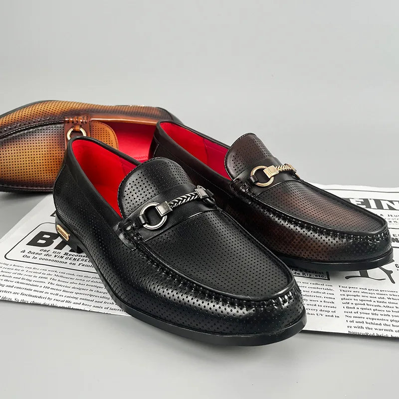 Perforated Leather with Metal Accent Loafers