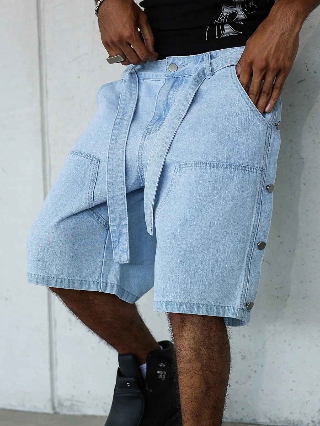 Side-Button Loose Denim Shorts