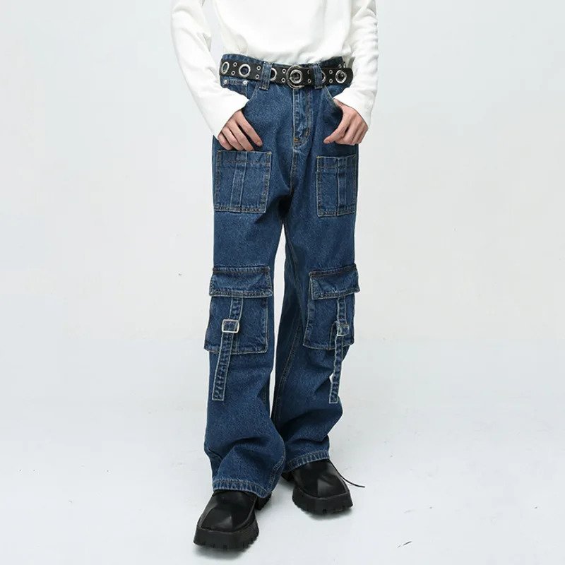 Pockets Belt Blue Denim Straight Jeans