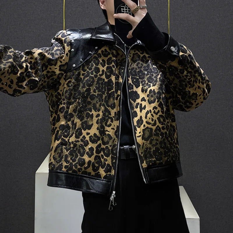 Leopard Rhinestone Spliced Leather Jacket