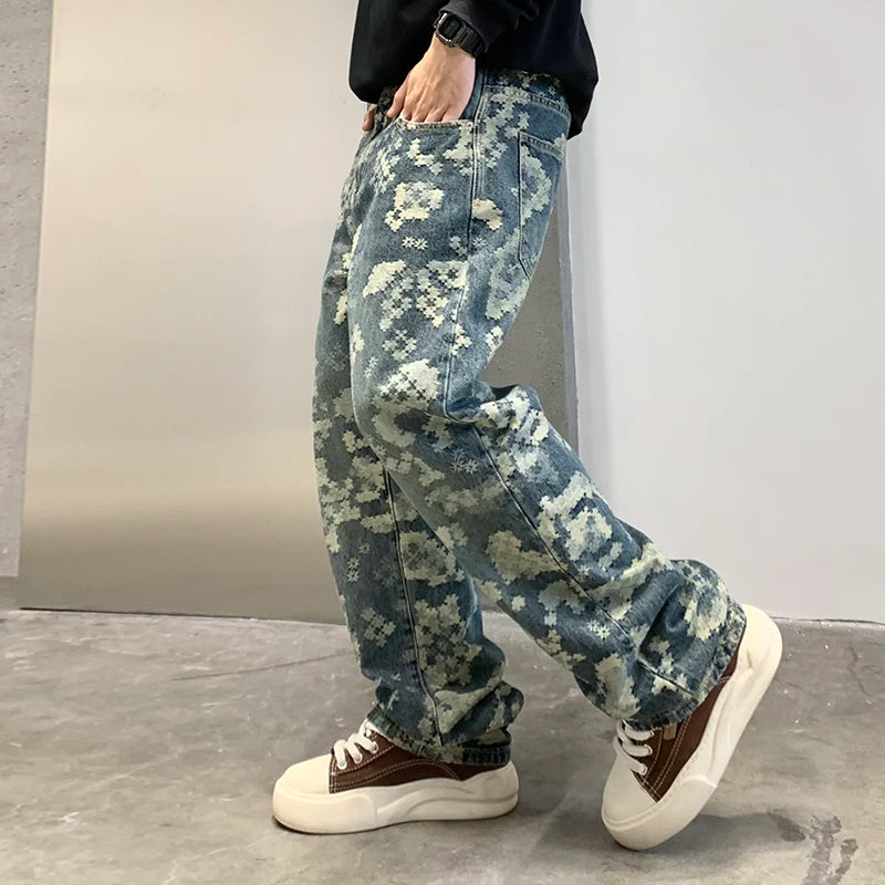 Hip-Hop Geometric Printed Loose Jeans