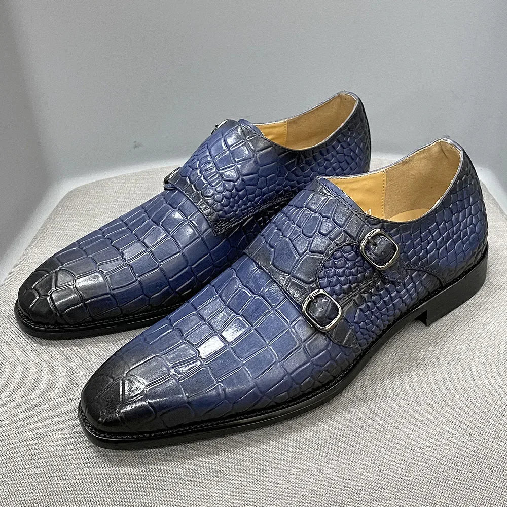 Crocodile Leather Pattern Double Buckle Shoes