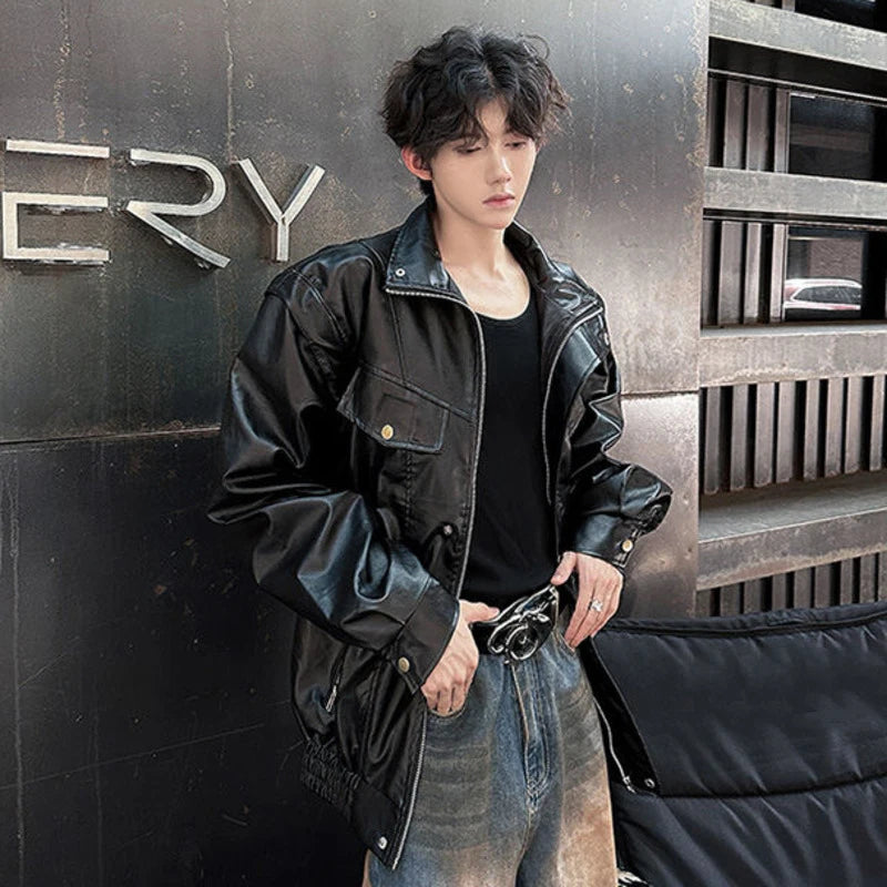 Black Solid Color PU Leather Jacket