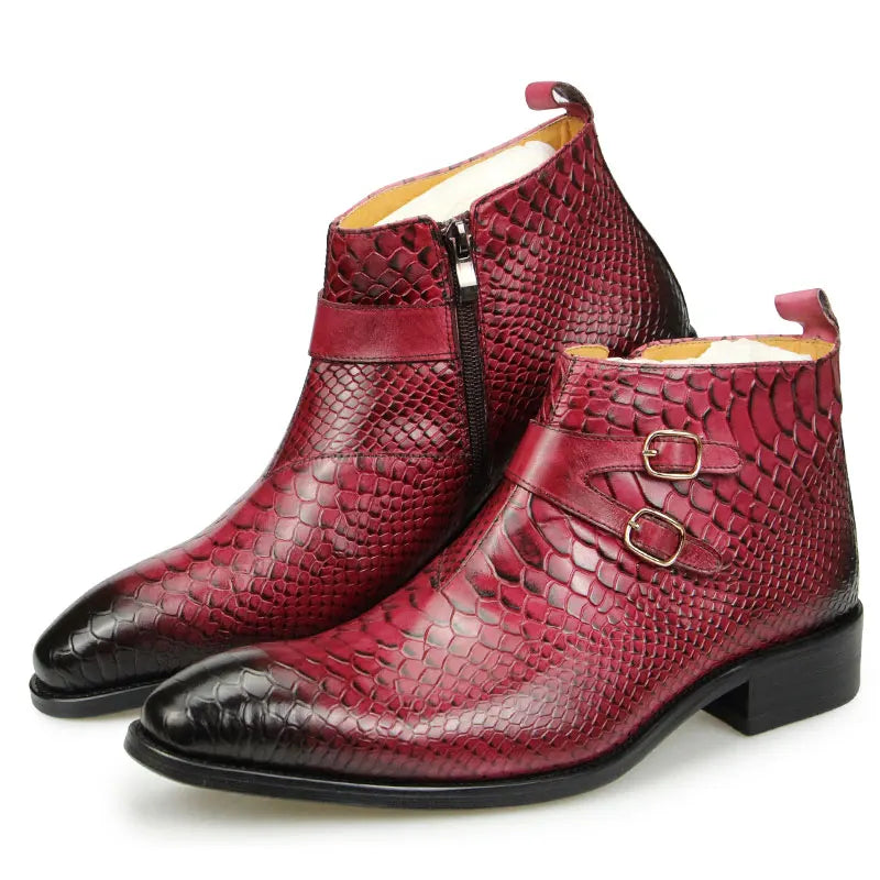 Snakeskin Print Leather Buckle Boots