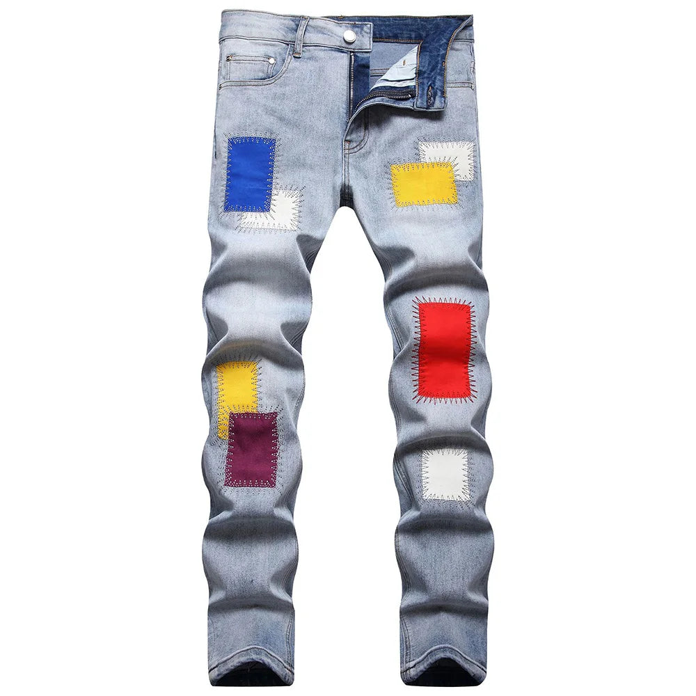 Embroidery Colored Patches Patchwork Jeans