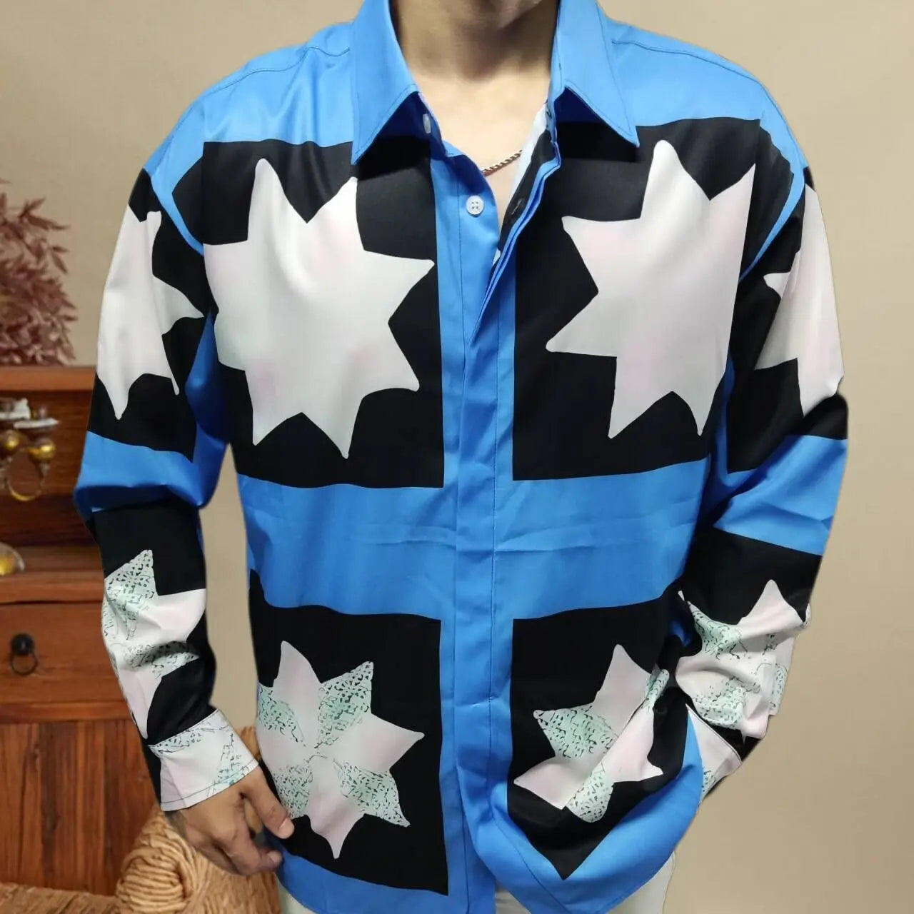 Blue Star Pattern Long-Sleeve Shirt