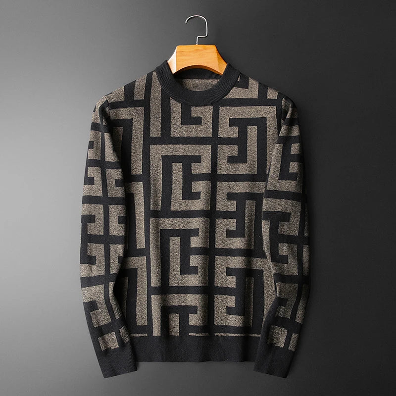 Dark Color Geometric Knitted Sweater