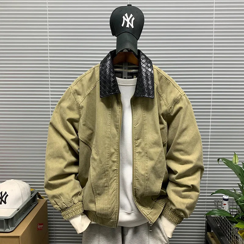 Plaid Leather Collar Solid Jacket