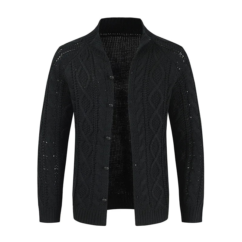 Solid Fitted Cable-knit Stand Collar Cardigan