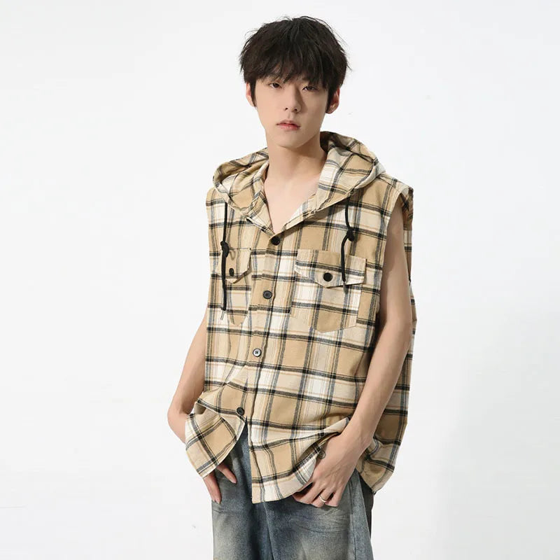 Contrast Color Plaid Hooded Vest