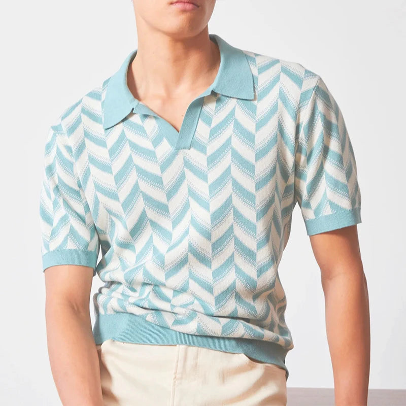 Sky Blue Geometric Polyester Polo Shirt