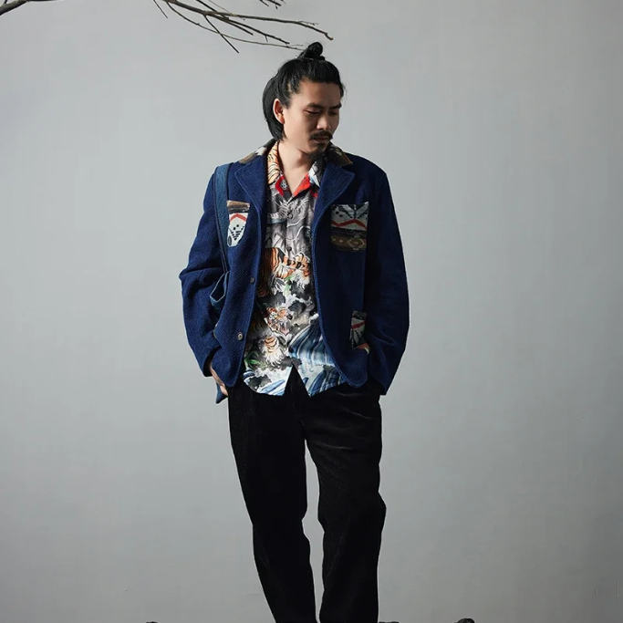 Retro Blue Dye Lapel Thick Jacket