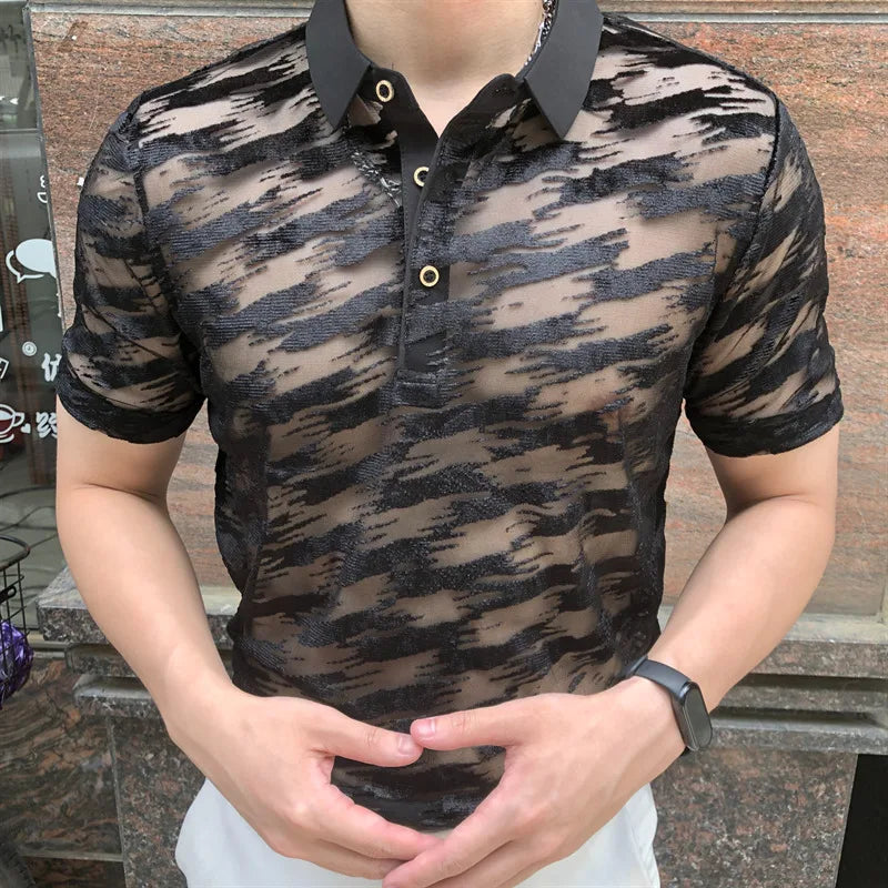 See Through Mesh Black Polo Shirt