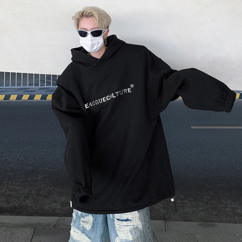 Solid Black 3D Letter Oversize Hoodies