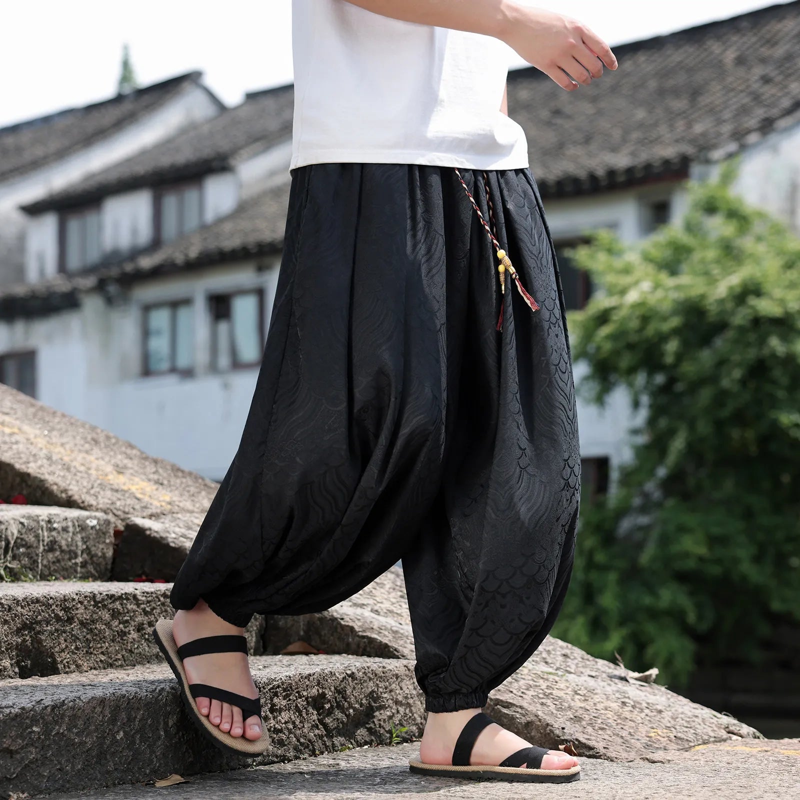 Geometric Chinese Pattern Wide-Leg Jogger Pants
