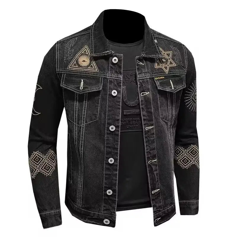 Black Embroidered Motorcycle Denim Jacket